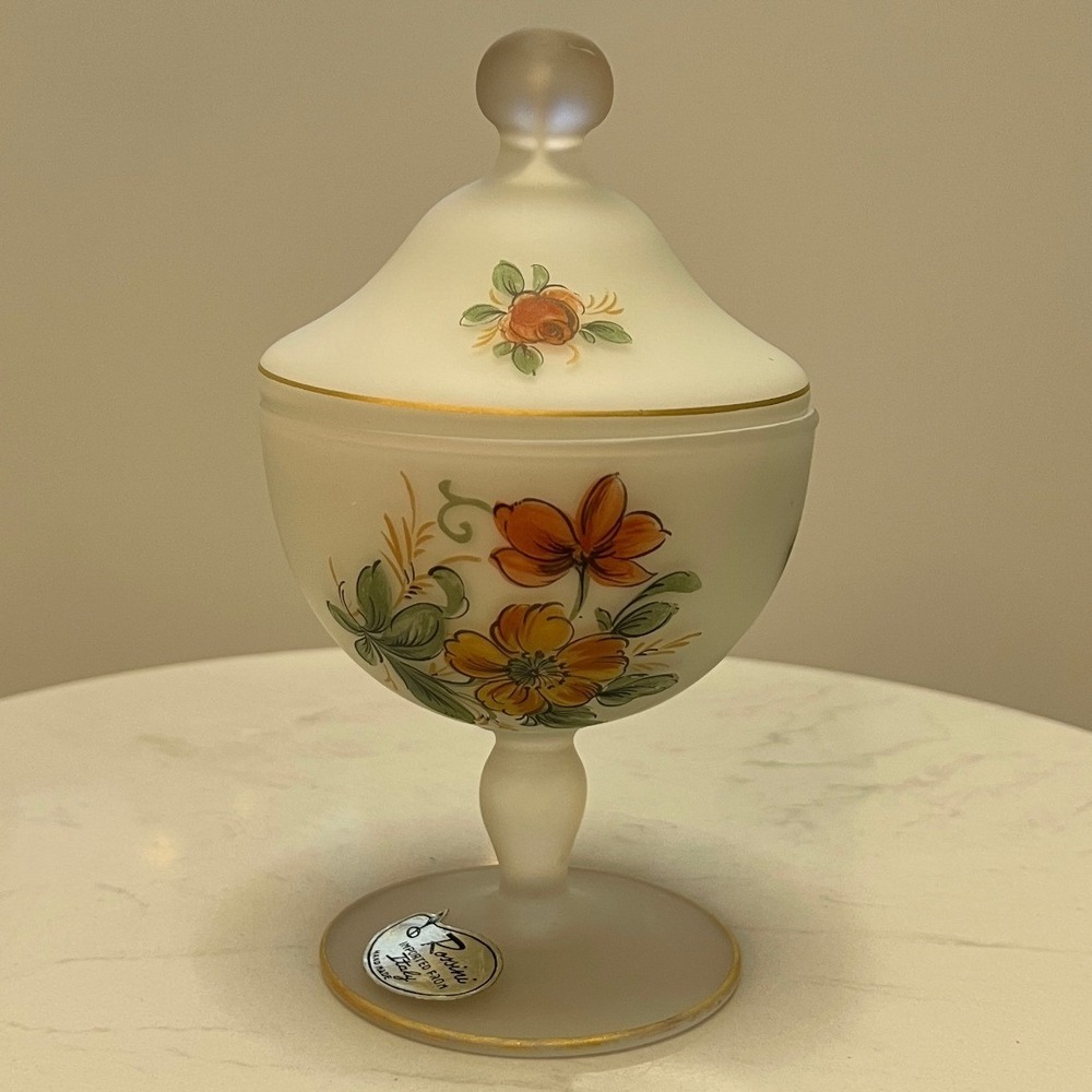Vtg Italian Frosted Satin Glass Candy Dishโ Rossini Hand Painted Pedestal Lidded